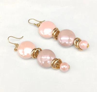 Orecchini donna pendenti  rosa monachella argento 925 placcato oro ceramica - Immagine 1 di 4