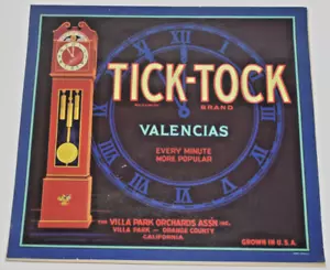 Villa Park California Tick-Tock #1 Clock Orange Citrus Fruit Crate Label Print - Picture 1 of 4