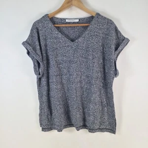 Sportscraft womens top size L navy marle short sleeve cotton linen Vneck 113397 - Picture 1 of 8