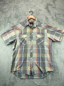 Vintage Rustler X Long Tails Shirt Mens 16.5 32 Gray Plaid Pearl Snap Short Slev - Picture 1 of 6