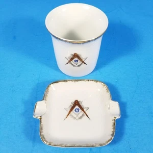 Vintage Freemason Masonic Ashtray and Cigarette / Match Holder Lefton China Gold - Picture 1 of 8