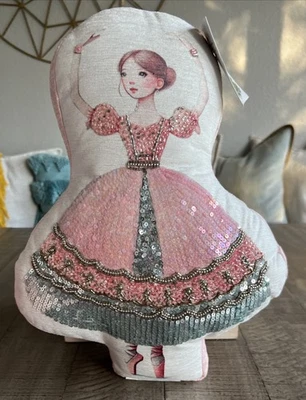 Nutcracker Ballerina Shaped Beaded Sequined Decorative Pillow Pink 16” X 12” - Image 1 of 4
