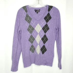 Apt. 9 Cashmere Argyle Sweater M Purple Gray V-Neck Preppy Academia - Picture 1 of 6