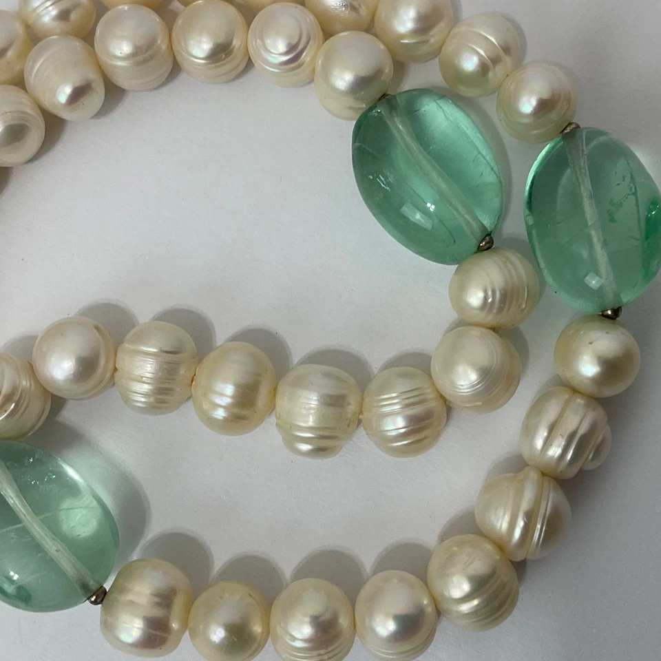 GSJ Genuine Baroque Pearl & Aquamarine Smooth Nugget Sterling Silver Necklace - Image 1 of 4