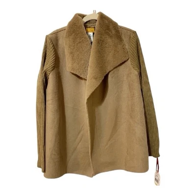 NWT Faux Tan Suede Jacket Soft Faux Fur Trim Knit Arms Size Medium,  MSRP $74 - Image 1 of 4