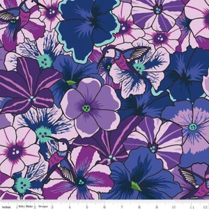 BOTANIC BLAST BY RILEY BLAKE PURPLE PETUNIA HUMMINGBIRDS FLORAL FABRIC COTTON HY - Picture 1 of 4