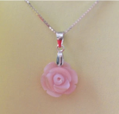 Charm White Pink Shell Mother of Pearl Rose 925 silver Pendant with 18" Necklace - Image 1 of 4