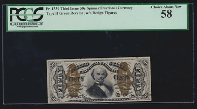 US 50c Spinner Fractional Currency Type II Back FR 1339 PCGS 58 Ch AU (020) - Image 1 of 2
