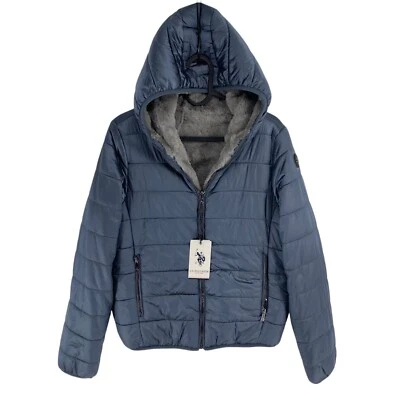 US Polo Assn. Blue Hooded Faux Fur Reversible Jacket Coat Size EU 40 UK 12 US 10 - Image 1 of 4
