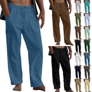 Mens Cotton Linen Loose Trousers Wide Leg Elastic Waist Casual Loose Harem Pants - Picture 1 of 63