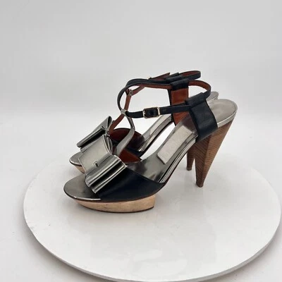 Lanvin Women Size EU 37 US 7 Black Silver Bow T Strap Platform Cone Heel Sandal - Image 1 of 4