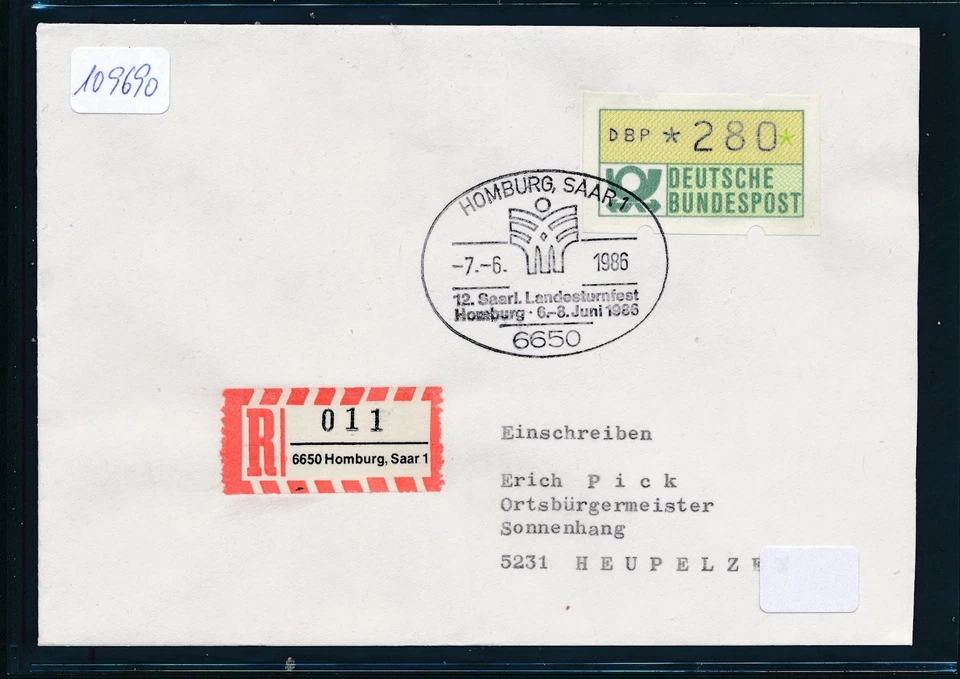 109690) Reco-Brief, RZ 6650 Homburg,Saar 1, SST 12.Saarl.Landesturnfest 1986 - Bild 1 von 1