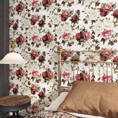 Papel Pintado Floral Blanco/Rojo Pelar y Pegar Autoadhesivo Peonía Papel Pintado Vintage... Foto 1 de 4