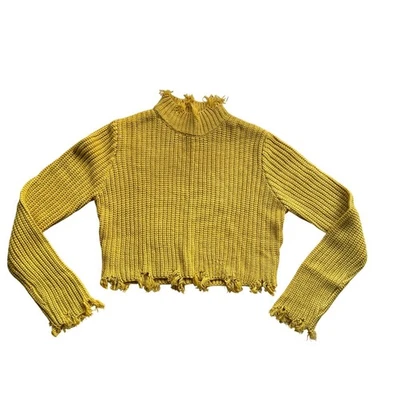 Mustard Yellow Chunky Knit Long Sleeve Frayed Hem Crop Sweater Size M Y2K - Image 1 of 4
