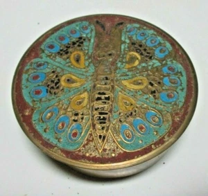 SCATOLA PORTAGIOIE VINTAGE 4" OTTONE rotonda con disegno farfalla colorata ~ Made in India - Foto 1 di 7