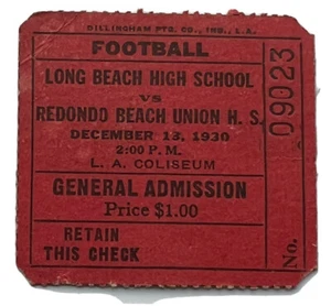 1930 Fußball Ticket LONG BEACH HS vs REDONDO BEACH UNION HS LA Kolosseum Sport - Bild 1 von 4