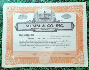 U.S.A. & Dépt 51 - Très Rare Certificat 200 Actions Champagne MUMM & Co. Inc. - Bild 1 von 2