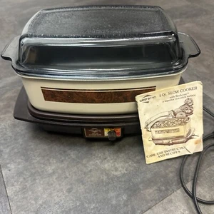 Vintage West Bend Slow Cooker Crock Pot 4Qt Tan Wood Grain Brown Glass Rockcote - Picture 1 of 16