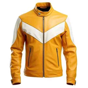Men's Yellow White Inspired Motorbike Racer Lambskin Leather Jacket - Picture 1 of 4