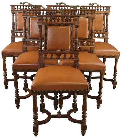 Dining Chairs Antique Renaissance Set 6 Beast Handle Walnut Brown Faux Leather Cover