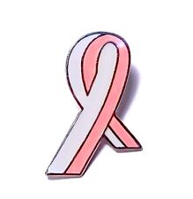 Pink White Support-Awareness Ribbon Pin Vertical Stripe Lapel Style Silver-Tone
