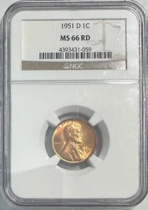 1951-D U.S. Lincoln Wheat Cent GEM, NGC Certified MS 66 RD 4393431-059 - Picture 1 of 6