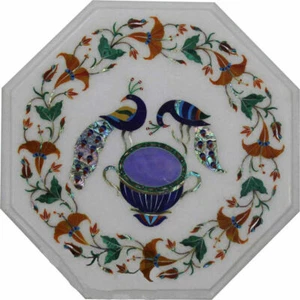 12" white marble table top center coffee home decor inlay malachite peacock - Picture 1 of 4