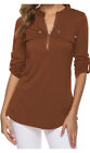 LuckyMore Womens V Neck Zip Cuffed Sleeve Flowy Business Casual Burnt Orange M