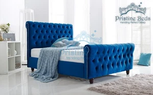 New HiQ Premium Soft Velvet Fabric Chesterfield Sleigh Bed Set Frame | Mattress - Picture 1 of 5