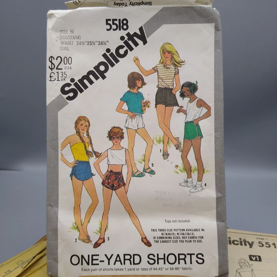 Vintage Sewing PATTERN Simplicity 5518, Girls 1982 Set of One-Yard Shorts, Child - Image 1 of 3