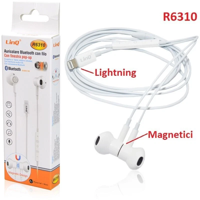 Auricolari In-Ear LinQ R6310 8 Pin Bluetooth Pop-Up Magnetici Alta Fedeltà Bianc - Immagine 1 di 1