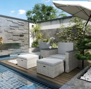 Outsunny 5 Piece Rattan Garden Furniture Set w/ Storage Table, Stools, Grey - Picture 1 of 6