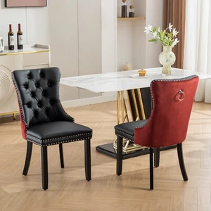 2Set PU and Velvet Upholstered Dining Chairs Wood Legs W/Nailhead Black+Wine Red - Picture 1 of 9