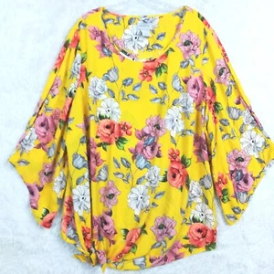 Regalia Womens Top Blouse Yellow Floral Tie Front Split Half Sleeve Plus 2X - Picture 1 of 9