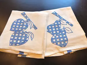 Vintage französische blaue Streifen Leinen Stoff Obst bestickt Küchentücher - Bild 1 von 5
