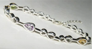 Sterling Silver 925 Peridot, Amethyst, Citrine bracelet 7.5"/w.extension 13.9g - Picture 1 of 7