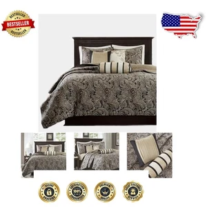 Traditional Black and Gold Coverlet Set with Decorative Pillows - Full/Queen - Picture 1 of 10