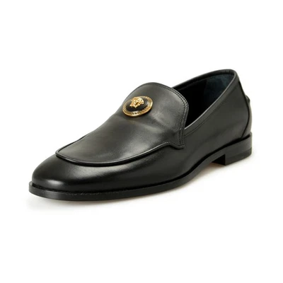 Zapatos Mocasines Versace Para Hombre Negros 100% Cuero Dorado Medusa Sin Cordones US 9 IT 42 Foto 1 de 4