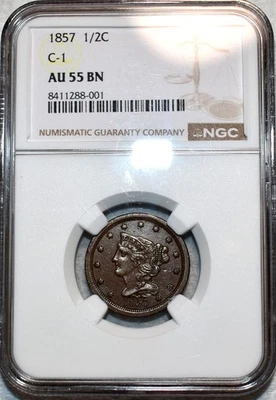 NGC AU-55 BN 1857 Braided Hair Half Cent, Razor-Sharp, Chocolate-Brown specimen! - Image 1 of 2