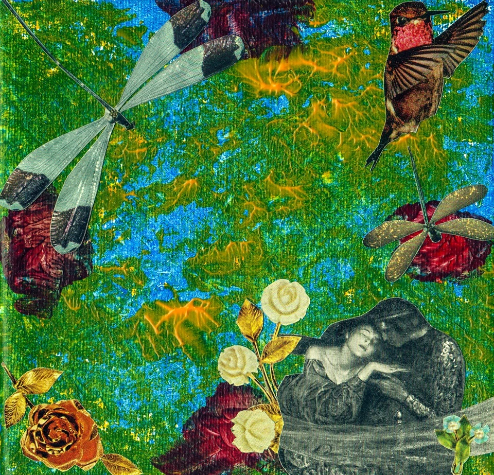 Arte collage de pintura original de medios mixtos de 6" x 6" - Jardín artúrico - ÚNICO firmado Foto 1 de 1