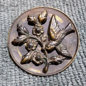 Antique Metal Faceted Steel Picture Button Flying Bird Flowers - Picture 1 of 4