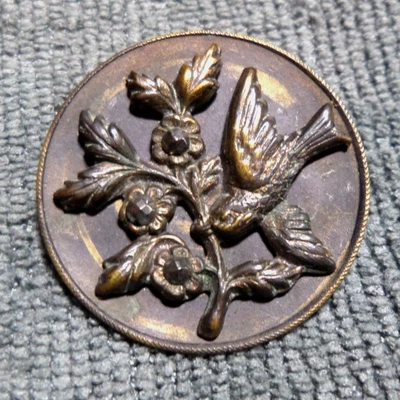 Antique Metal Faceted Steel Picture Button Flying Bird Flowers - Image 1 of 4