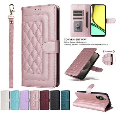 For Oppo Realme C67 Reno 10 Pro A96 Leather Card Wallet Case Wrist Strap Cover - Image 1 of 4