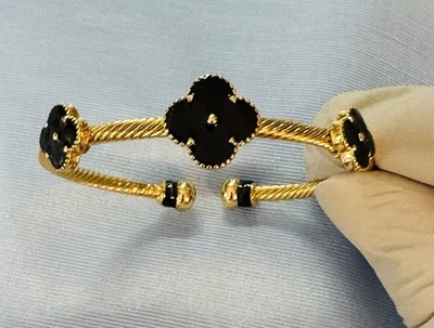 Clover Bangle Cuff 14K plated Twist Rope Black Onyx Enameled  - Image 1 of 3