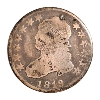 Busto con tapa tipo grande de 1819 raro/resistente cuarto de plata pequeño "9" detalles Foto 1 de 4