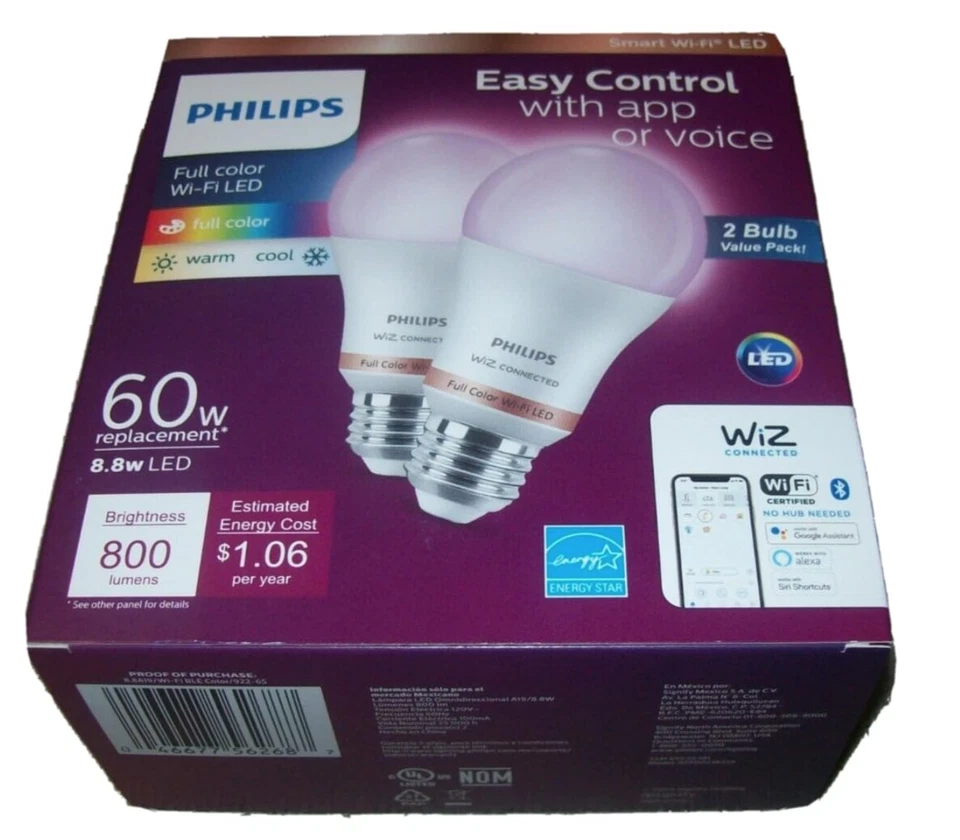 Philips 2-Pack bundle A19 LED Wi-Fi Smart Bulb FULL COLOR 800 Lumens Dimmable... - Image 1 of 1