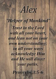 Tarjeta de significado de nombre de recuerdo de Alex ""Ayudante de la humanidad"" con versículo bíblico - Imagen 1 de 1