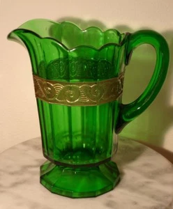 EAPG Victorian Era Emerald Green Gold Encrusted Scroll Band Tankard Pitcher - Picture 1 of 1