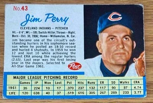 1962 POST CEREAL JIM PERRY #43 CLEVELAND INDIANS NICE - Picture 1 of 1