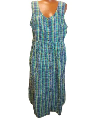 Vintage Lagenlook Seersucker Jumper Tank Maxi Dress Woman Large Plaid White Stag - Image 1 of 4